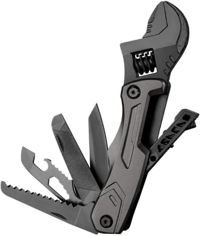 Multi-tool spanners adjustable spanners hammers knives steel files can openers hexagonal wrenches double-row saws for maintenance camping and Gifts (black)
