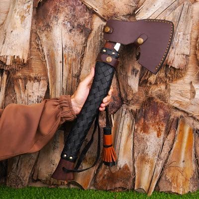 Viking Axe Carbon Steel Blade Rosewood Handle Leather Wrapped Handle Camping Axes Viking Ax Hatchet Real Tomahawk Gift Wood Splitting Axes Birthday Gift with Premium Leather Sheath
