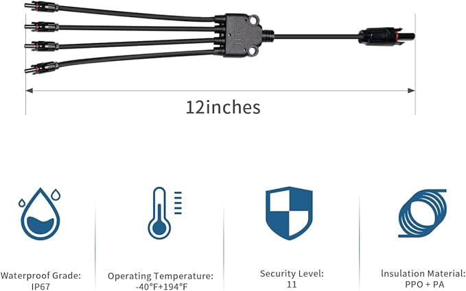 Solar Panel Connector Solar Connectors Y Branch Parallel Adapter Cable 12-Inch 1 Male to 4 Female(M/FFFF) and 1 Female to 4 Male(F/MMMM) Compatible with MC4 Solar Panels and Inverters