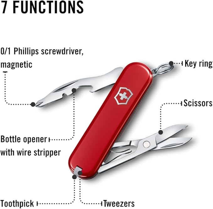 Victorinox Jetsetter Swiss Army Knife Compact 7 Function Swiss Made Pocket Knife with Scissors Magnetic Phillips Screwdriver and Key Ring – Red