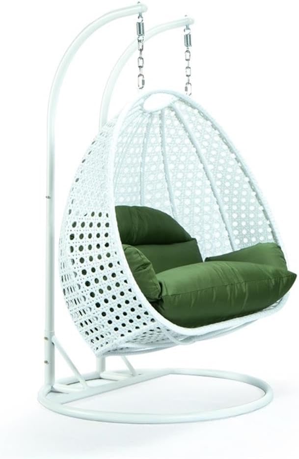 LeisureMod 2 Person Hanging Egg Chair Indoor Outdoor Patio Lounge Swing with White Stand &amp UV-Resistant Cushions Hammock Chair for Bedroom &amp Garden Dark Green