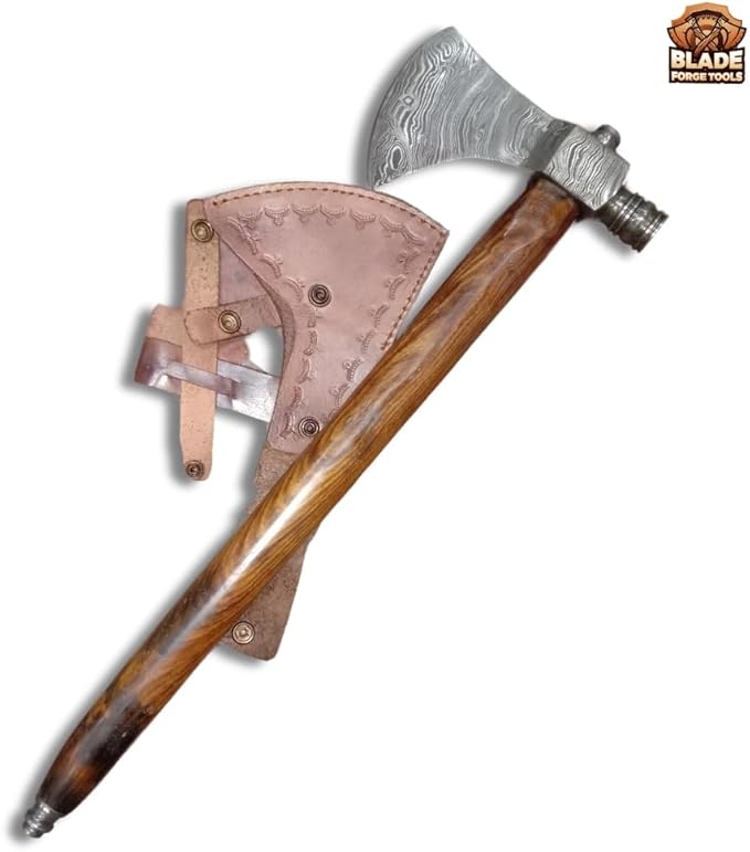 Damascus Axe Damascus Head with Rosewood Handle Comfortable Grip Comes with Leather Sheath Best for Display and Gift for Your Loved Ones