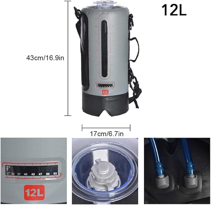 Portable Pressure Camping Shower Portable Camping Shower Bag 12L/3.17 Gallons Solar Waterproof Portable Outside Shower Bag with Protable Water Pump and Shower Hose