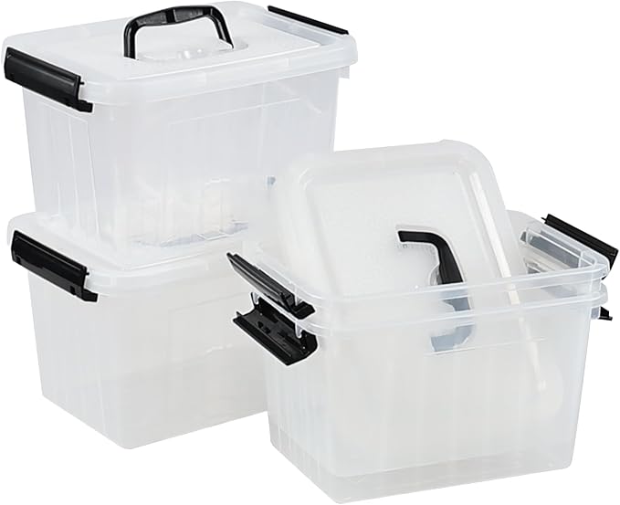 Wekioger 4 Pack 6 Quart Latching Box Clear Lidded Storage Bins Small Container with Handle