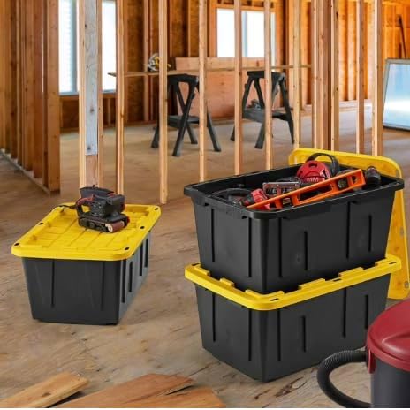 27 Gallon Heavy Duty Storage Tote with Lid Black and Yellow reusable made with heavy-duty recycled plastic
