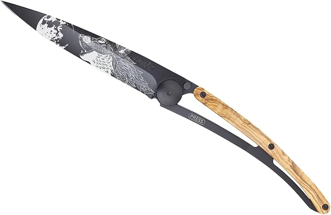 deejo - 37G Folding Pocket Knife with Belt Clip - Howling Design 3.7-Inch Stainless Steel Blade Black Titanium Finish Olive Wood Handle - Lightweight Everyday Carry for Home Work and Outdoor Use