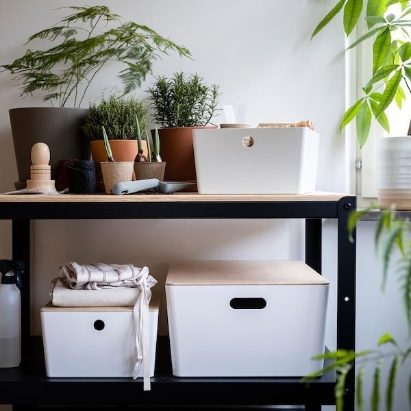 White Storage Box with Bamboo Lid – 10¼ x 13¾ x 6” – Stackable Organizer for Home Office or Closet