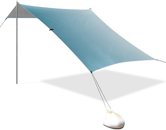 Deep Blue Gradient Foldable Beach Cabana UPF50 Lightweight Shade Sun Shelter Includes Sand Shovel Sandbags Stability Poles for Backyard and Camping
