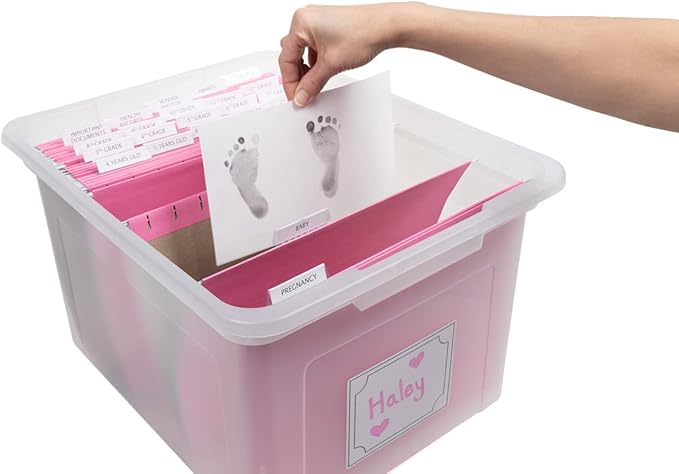 Kid's Craft Memory Keepsake Organizer Box - Clear Storage Latching Bin with Hanging File Folders and Custom Tab Inserts (Pink)