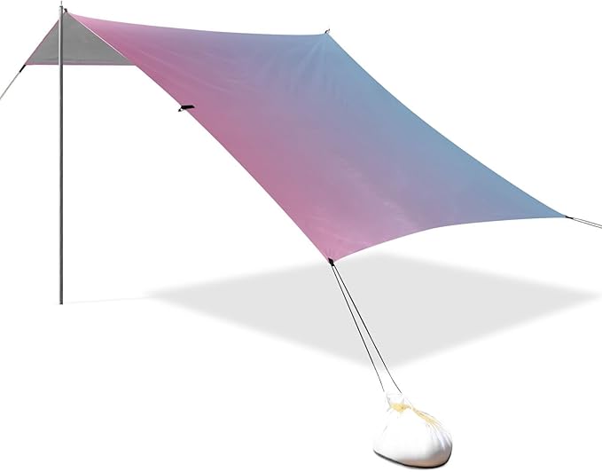 Pink Blue Gradient Foldable Beach Cabana UPF50+ Protection Water-Resistant Shade Sun Shelter with Sand Shovel Sandbags for Camping Picnics Backyard
