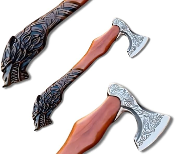 Handmade Tomahawk Bearded Axe Wolf Shaped Carved Rosewood Handle Antique Viking Gift Axe Viking Battle Axe Real Collectible Axe