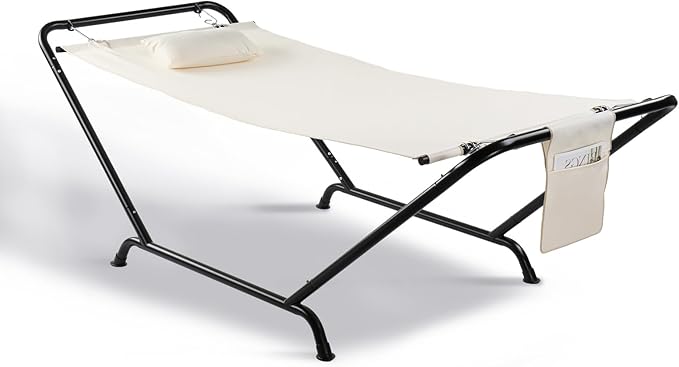 ONCLOUD Freestanding Hammock with Stand 600LBS Heavy Duty Outdoor Hammock Cofy Outdoor Hammock with Stand Hammock Bed for Yard Deck Patio Hammock with Soft Pillow &amp Storage Bag (White)