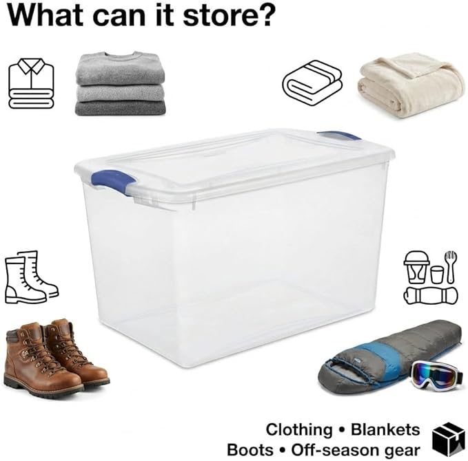 66 Quart Clear Latching Storage Bin with Lid Stackable Plastic Tote for Closet Bedroom Dorm &amp Craft Room Storage 24 x 16 x 13 7/8 in Blue Latches (2 Pack)