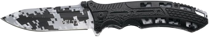 THIRD Assisted Folding Knife Delta K2797BKL Black Aluminium Handle with Holes Stainless Steel Blade 10.5 cm Blade and Liners in Blue Military camo. with Clip with Sheath