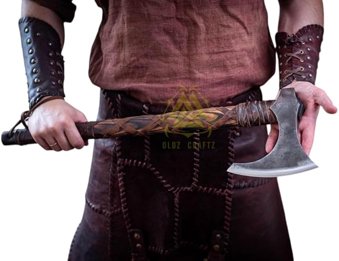 [OLDZ CRAFTZ] 27-Inch Hand-Forged Viking Axe with Sheath Viking Axe Real Battle self Defense Weapons War Hatchet Medieval Axes Survival Axe Viking Bearded Camping Axe Best Gift Axe