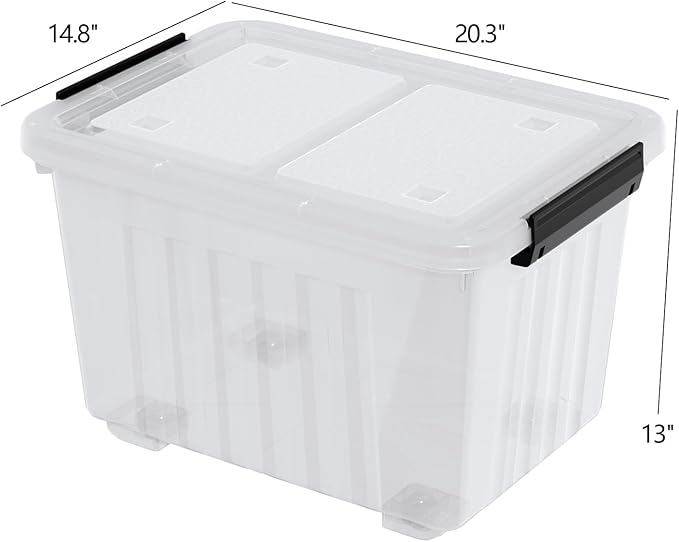 50 Quart Large Plastic Latching Box with Lid Clear Storage Bin with Wheels Stackable 4 Packs