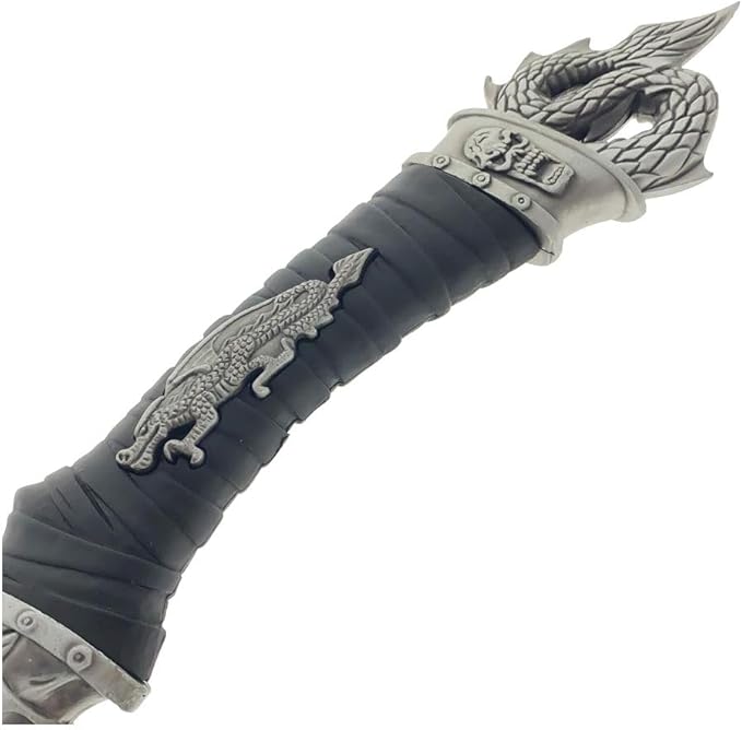 14.5 Underworld Dragon Camping EDC Fantasy Decorative Hatchet Knife Etched Stainless Steel Blade Abs Dragon Shaped Handle Decorative Guard and Pommel with Wooden Stand