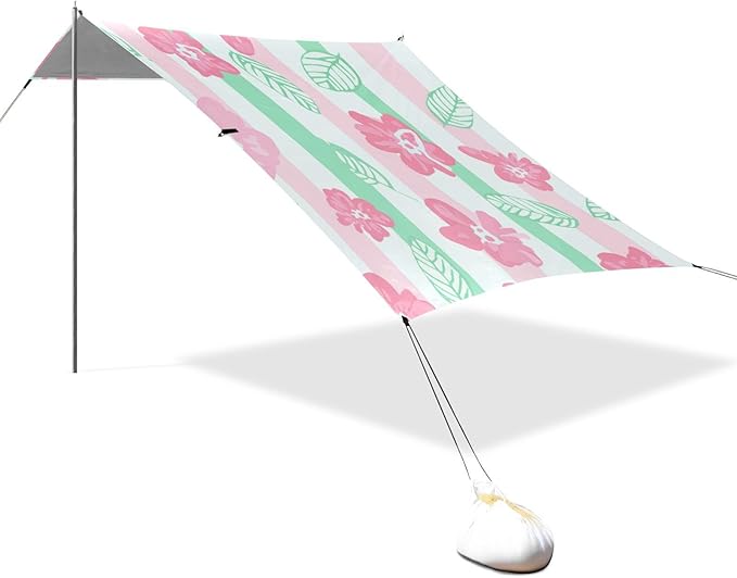 Beach Canopy with Windproof Ropes &amp Sandbags Beach Tent Sun Shade Sun Shelter for Camping Trips Fishing Backyard Fun or Picnics Flowers