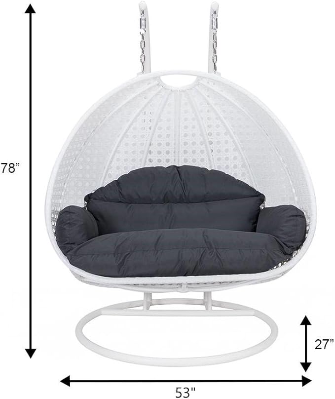LeisureMod 2 Person Hanging Egg Chair Indoor Outdoor Patio Lounge Swing with White Stand &amp UV-Resistant Cushions Hammock Chair for Bedroom &amp Garden Black