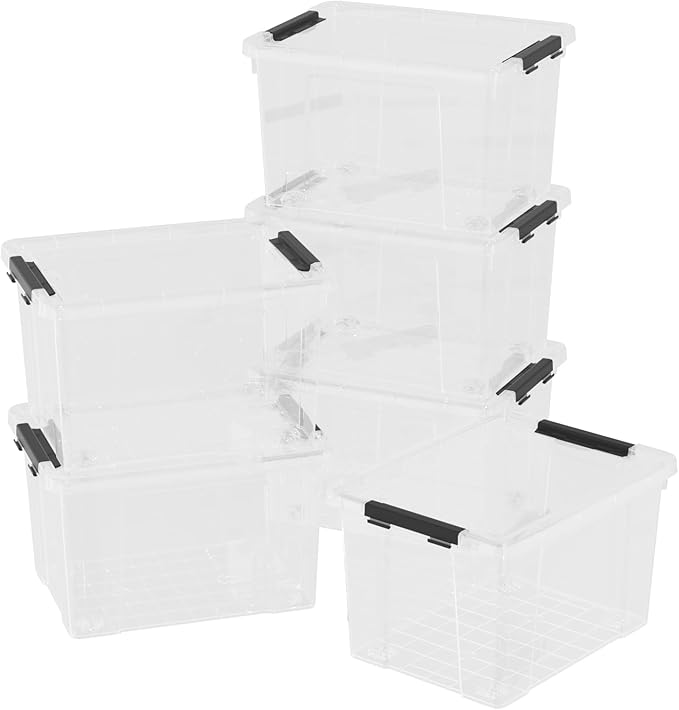 6-Pack 22 Qt Stackable Plastic Storage Bins with Wheels and Lids - Clear Rolling Plastic Organizers for Garage Pantry &amp Office