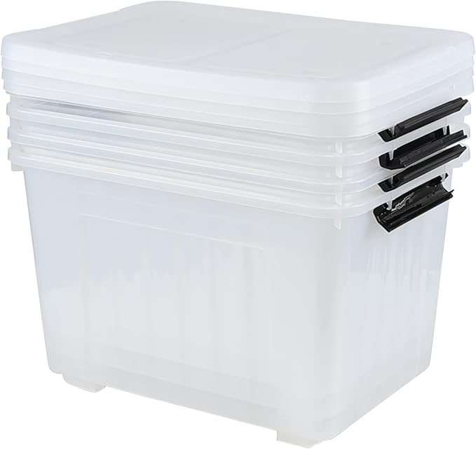 Wekioger 50 Quart Clear Latching Box with Wheels 4 Packs Plastic Lidded Storage Bin
