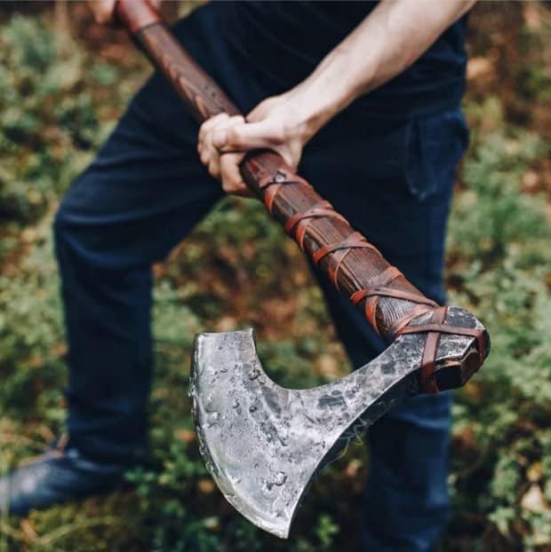 SHINY CRAFTS® Handcrafted Viking Axe – Engraved Nordic Blade with Wooden Handle Norse Bearded Hatchet for Men Unique Gift for Him Collectors Cosplay Camping Medieval Wall Decor (SCA-0008)