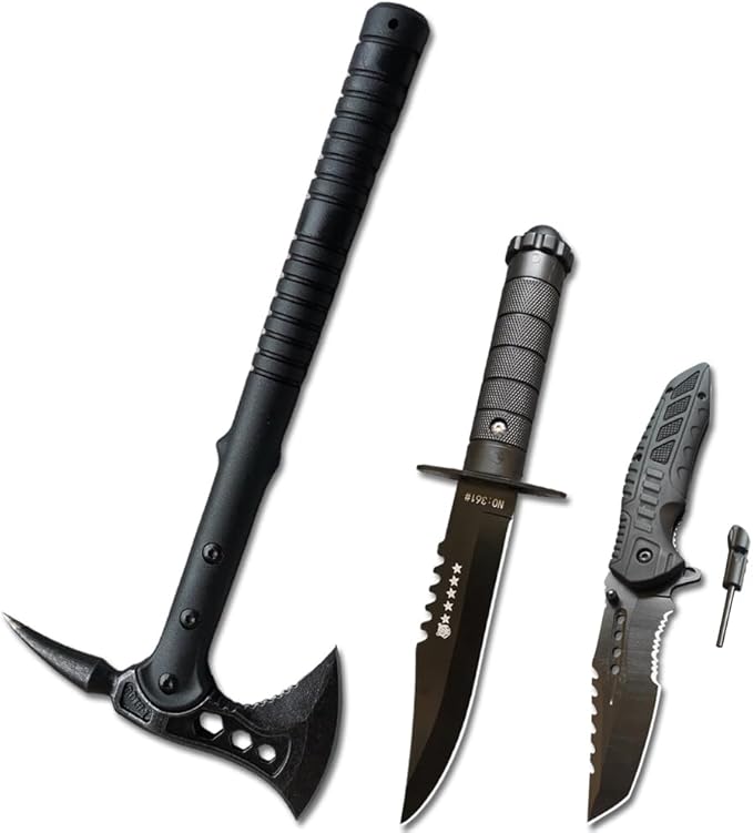 Axe &amp Survival Bowie Knife &amp Folding Pocket Knife Fixed Blade Hunting Knife with Sheath Sharpener and Fire Starter Inculded Tactical Knife for Camping Hunting Outdoor (Type-2)