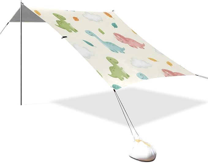 xigua Dinosaur Beach Tent Sun Shelter with Carrying Bag - Silver Coated Oxford Fabric Beach Canopy for Beach Camping Fishing - Includes Windproof Ropes Sandbags &amp Stakes