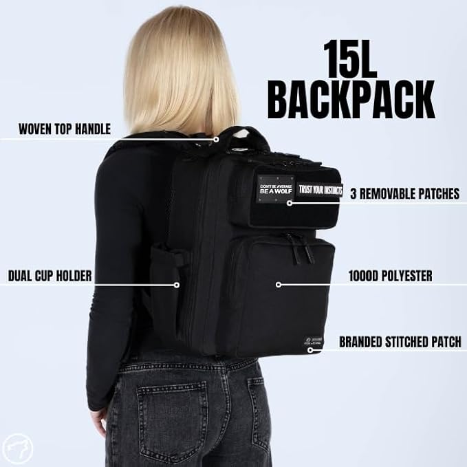 WOLFpak 15L Slim Tactical Gym Backpack - Durable 1000D Waterproof Oxford Material | Minimalist Daypack w/Laptop Pocket &amp Dual Cup Holders | Great for Travel &amp Everday Carry | (Alpha Black)