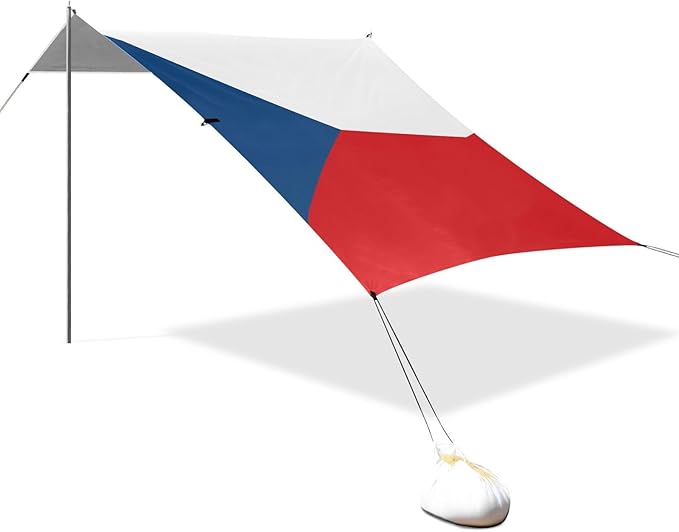 Czech Flag Czechia National Blue Red Beach Tent UPF50 Water-Resistant Portable Sun Shelter with Sandbags and Shovel for Backyard and Camping