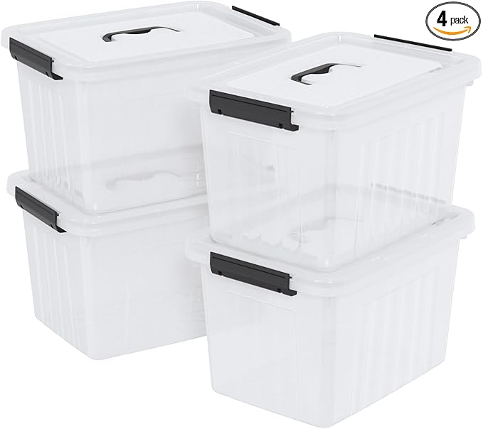 4 Packs 20 L Clear Plastic Storage Bins Stackable Organizer Containers with Lids Latching Box with Handle
