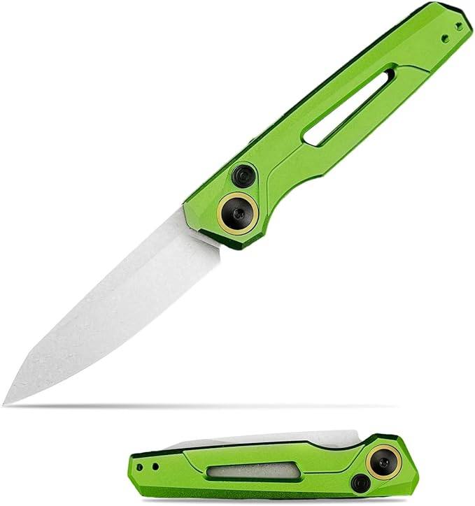 HUAAO Manually Operated Button-Lock Knife Men's Folding Pocket Knife Stonewashed Reverse Edge Aluminum Handle With A Reversible Deep Pocket Clip EDC Outdoor Camping Tool (Green)