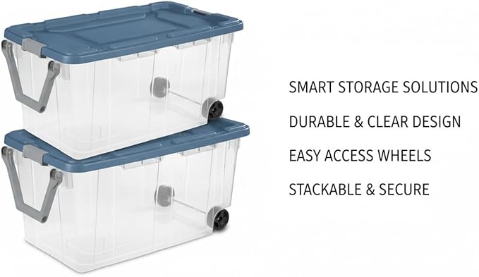 160 Quart Extra Large Clear Rolling Storage Bins 2-Pack Blue Heavy-Duty Plastic with Locking Leakproof Lid for Garage Basement Seasonal Storage &amp Transport