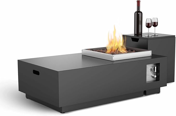 48 Modern Steel Fire Pit Table Set – Low-Profile Propane Gas Fire Table with Tank Cover 50000 BTU for Contemporary Patios &amp Decks