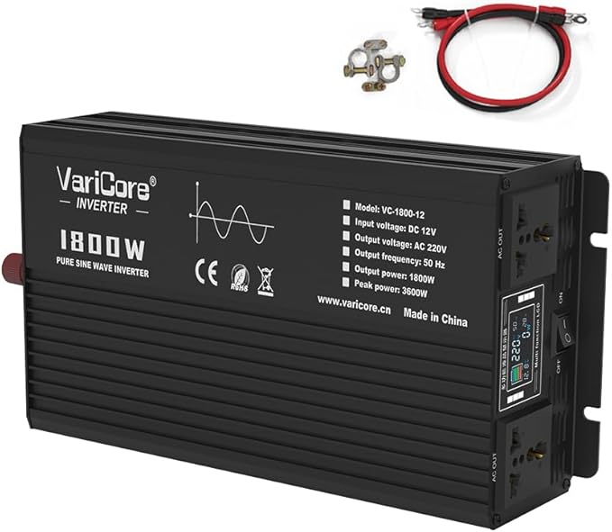 1800W Pure Sine Wave Inverter 12VDC to AC 220V Converter for Home RV Truck Camping Off-Grid Solar Power Inverter with LCD Display Showing Real-time Status Surge
