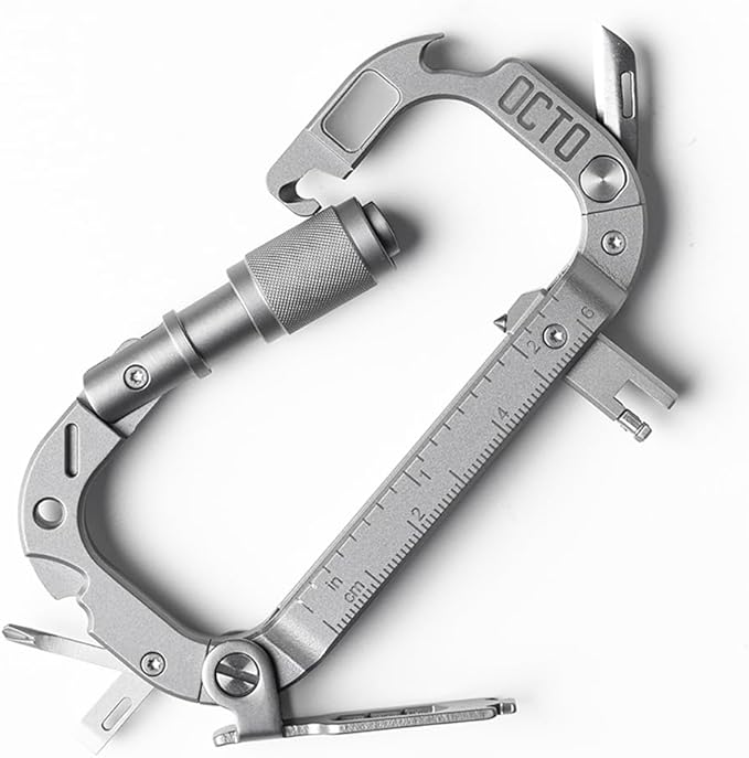 OCTO MAX 20-in-1 Titanium Carabiner Multi-Tool | Heavy-Duty EDC with Steel Knife Glass Breaker Bottle Opener Wrenches Screwdrivers &amp More