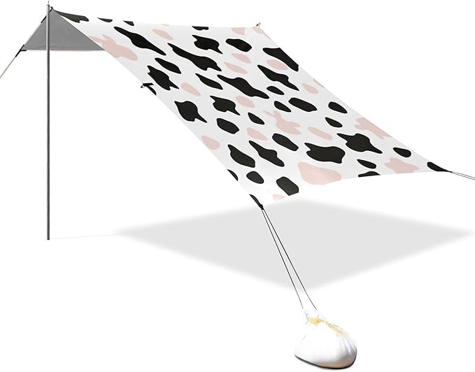 Simple Cow Print Pattern Vector Art Style White Background Pink and White Beach Tent UPF50+ Protection Lightweight Sun Shelter with Sand Shovel for Camping Trips Fishing Backyard Fun or