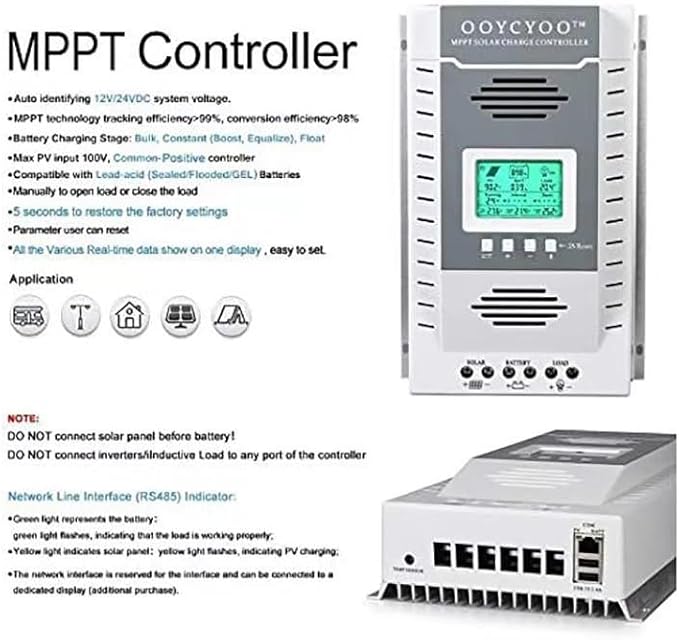 MPPT Charge Controller 100 amp 12V/24V Auto 100A Solar Panel Charge Regulator with Blacklight LCD Display Max 100V for Lead-Acid Sealed Gel AGM Flooded Lithium Battery