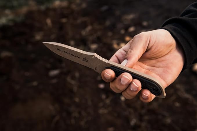 TOPS Knives Mil-Spie Elite Full Tang Fixed Blade- Coyote Tan Coating- Black Kydex Sheath w/Rotating Spring Steel