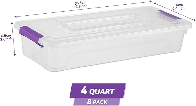 Clear Plastic Storage Bins with Lids Stackable Storage Box for Crafts Supplies (Small 8Pack Purple)