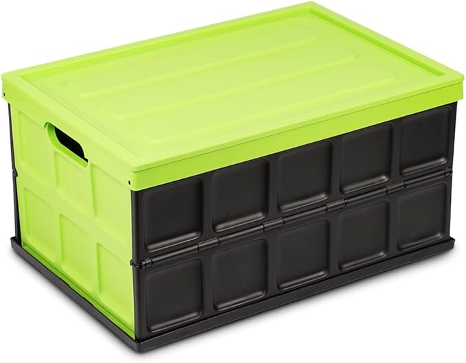 Glad Collapsible Storage Bin with Lid - 48L Foldable Plastic Box for Garage Car Trunk and Organization - Stackable Lidded Container with Handles Green