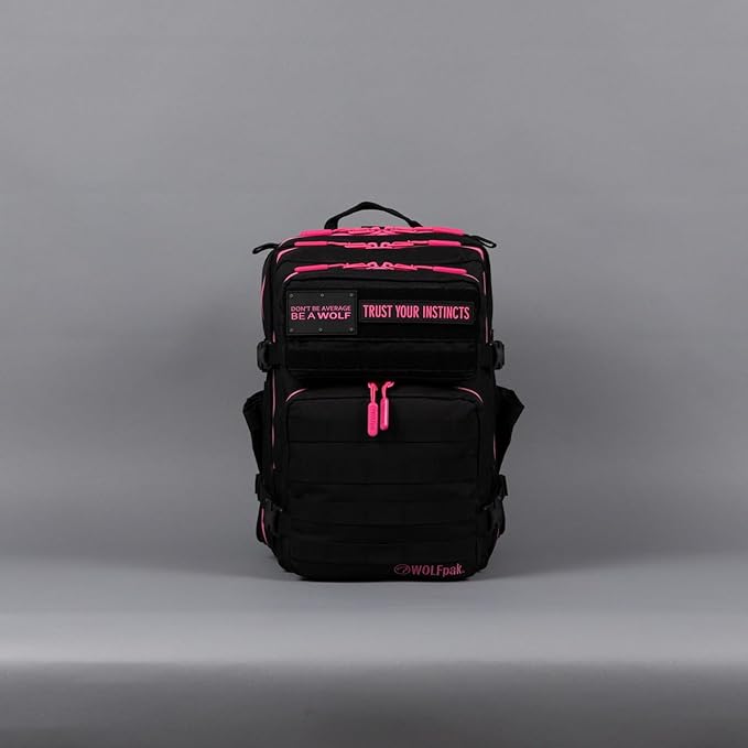 WOLFpak 25L Athletic Gym Backpack (Black Neon Pink) Durable 1000D Waterproof Oxford Material with MOLLE Webbing Laptop Pocket &amp Dual Cup Holders