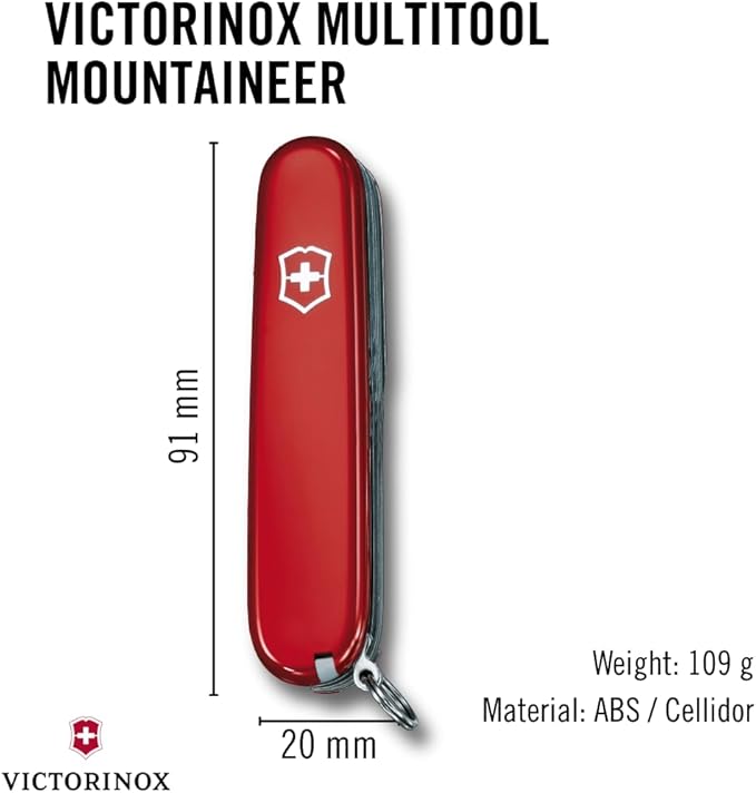 Victorinox Mountaineer Swiss Army Knife 18 Function Swiss Army Knife with 2 Blades Corkscrew Scissor and Hook - Red