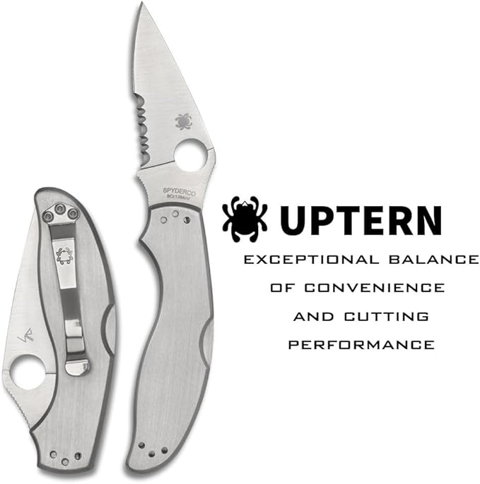 Spyderco UpTern Folding Pocket Knife with 2 8Cr13MoV Steel Blade and Stainless Steel Handle - EDC Knife for Men and Women Perfect for Hunting Tactical Camping Survival - CombinationEdge - C261PS