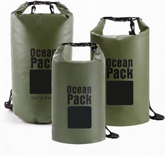 Waterproof Dry Bag Set of 3 (2L 5L 10L) – Roll Top PVC Dry Bags Waterproof for Kayaking Camping Beach &amp Travel – Floating Compression Dry Sack Backpack for Outdoor Gear (Military Green)