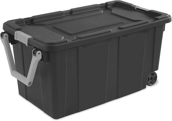 Storage Bin 40 Gallon Plastic Rolling Stacker Box Wheeled Storage Box160 Quart Lidded Stackable Storage Bin Container for Home and Garage with Flag Gray Lid and Base 2-pack