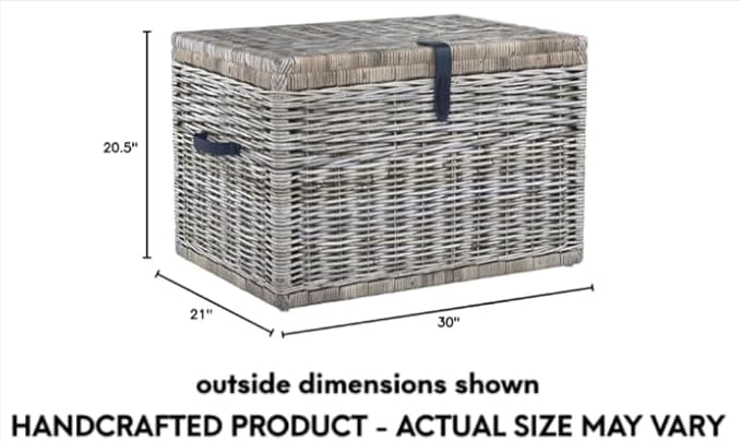 The Basket Lady Handwoven Deep Wicker Storage Trunk Natural Rattan Wicker Chest with Lid and Handles for Blankets and Home Organization-Serene Grey Extra Large 30 L x 21 W x 20.5 H