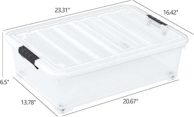 25 Quart Clear Underbed Storage Bins with Wheels Stackable Plastic Latching Bin with Lid 4 Packs