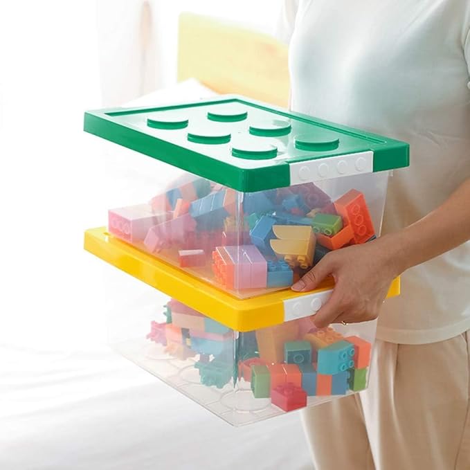 loobuu Plastic Storage Bins with Lids - Stackable Toy Storage Organizer Box Set of 2 Toy Chests with Compatible Building Baseplate and Lid Storage Container for Building Bricks - Yellow+Green