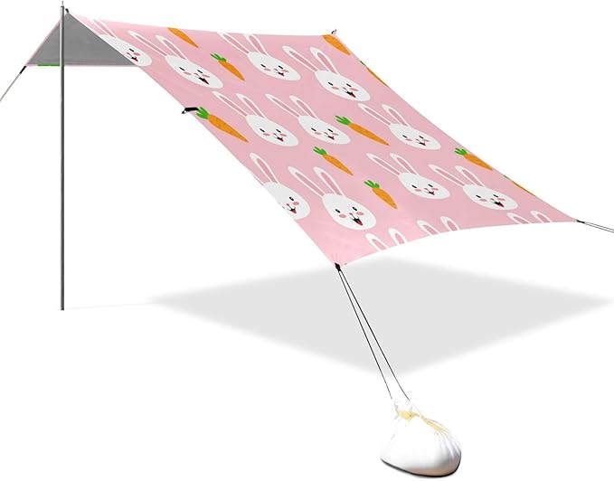 Beach Canopy with Windproof Ropes &amp Sandbags Beach Tent Sun Shade Sun Shelter for Camping Trips Fishing Backyard Fun or Picnics Bunny